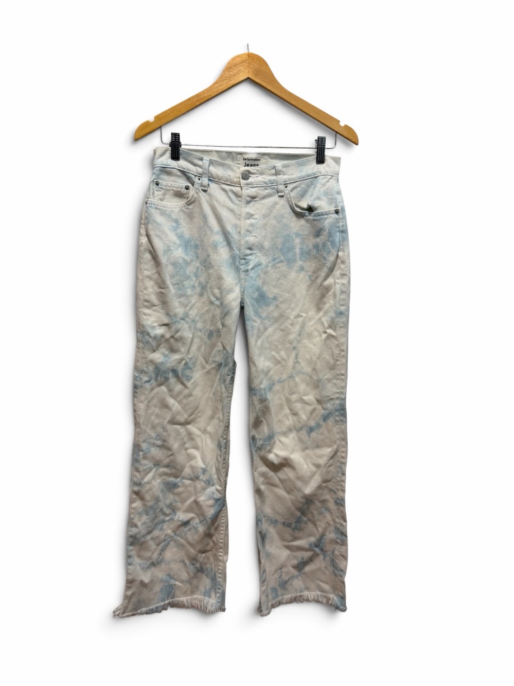 Reformation Fawcett High Rise Straight Raw Hem White Wash Tie-Dye Jeans Sz 28